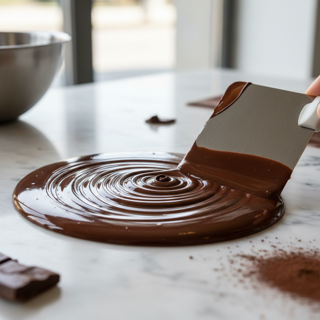 Dark chocolate being hand-tempered on a marble slab in warm workshop light