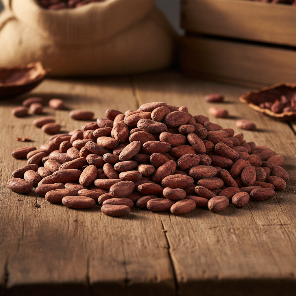 Raw cacao pods on burlap sacking at an Ecuadorian origin farm