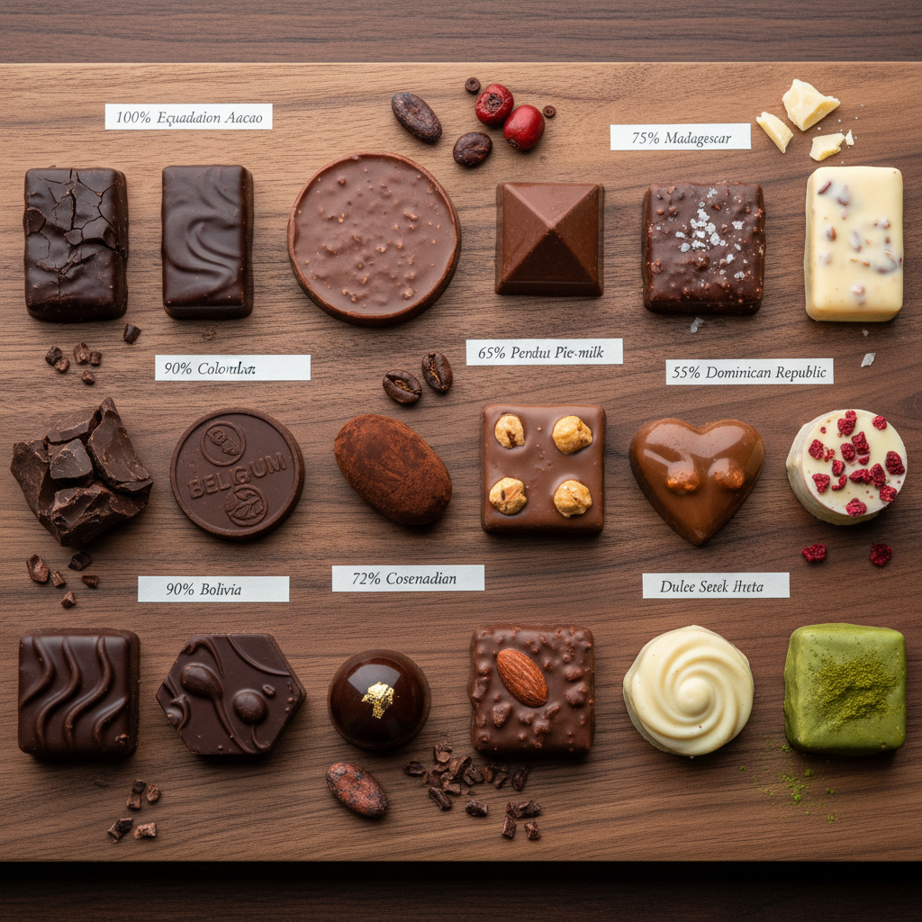 Six chocolate tasting portions arranged on a wooden board with tasting spoons and origin cards