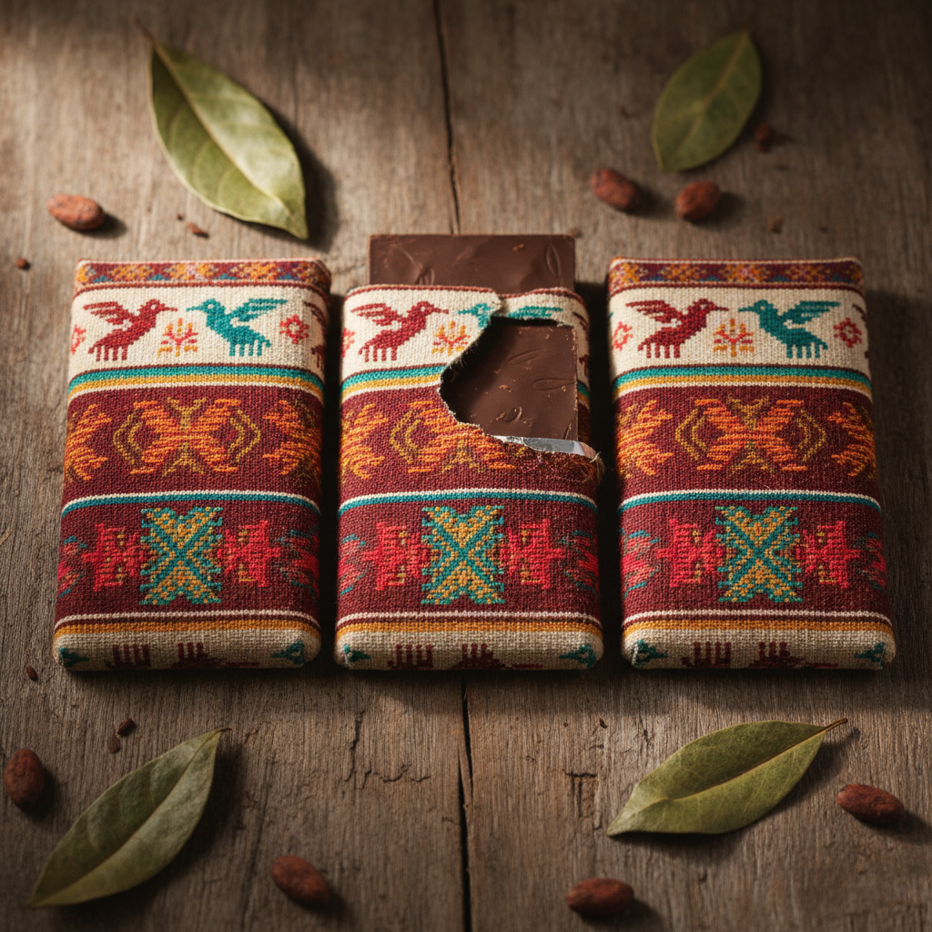 Finished single-origin chocolate bars wrapped in cream letterpress paper